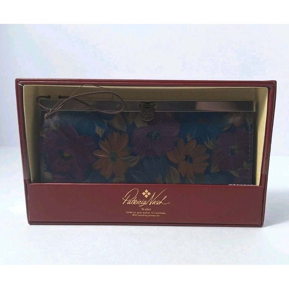 Patricia Nash Cauchy Peruvian Painting Floral Leather Clutch Wallet Metal Frame
